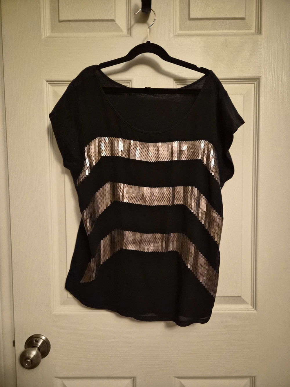 Express Black Short Sleeve Top with Gold Sequin Stripes
